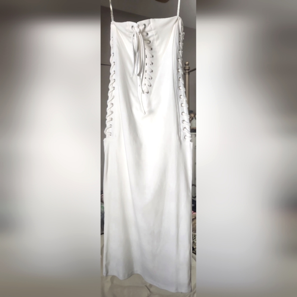 White Lace-Up Dress. Length From Top to Bottom 31 1/2". 95% Cotton, 5% Spandex.